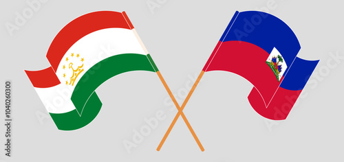 Crossed and waving flags of Tajikistan and Republic of Haiti. Vector illustration