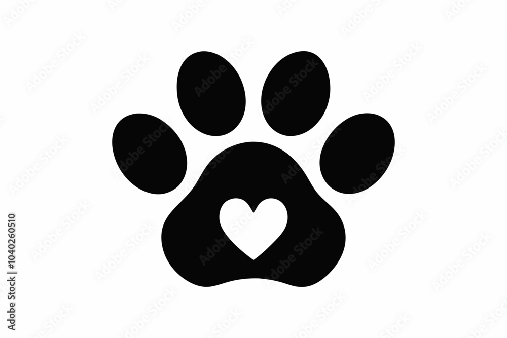 Heart and pet paw icon, Paw print with heart black silhouette vector Heart and pet paw icon, Paw print with heart black silhouette vector