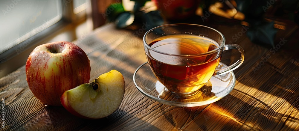 Tasty apple tea in a glass cup with a background of copy space image Tasty apple tea in a glass cup with a background of copy space image