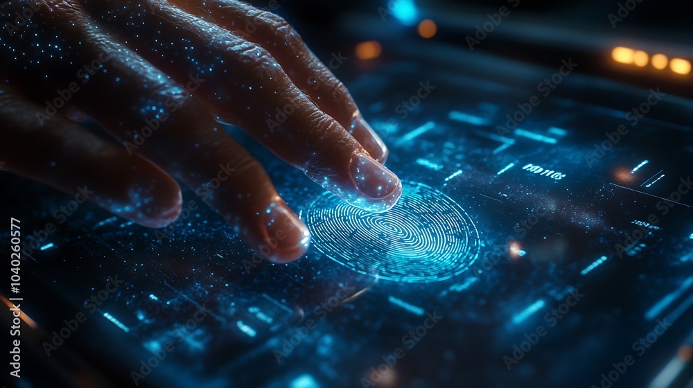 Hand interacting with a virtual fingerprint scanner in augmented reality, holographic biometric interface and data readouts floating around, dark futuristic background, neon blue highlights, Hand interacting with a virtual fingerprint scanner in augmented reality, holographic biometric interface and data readouts floating around, dark futuristic background, neon blue highlights,