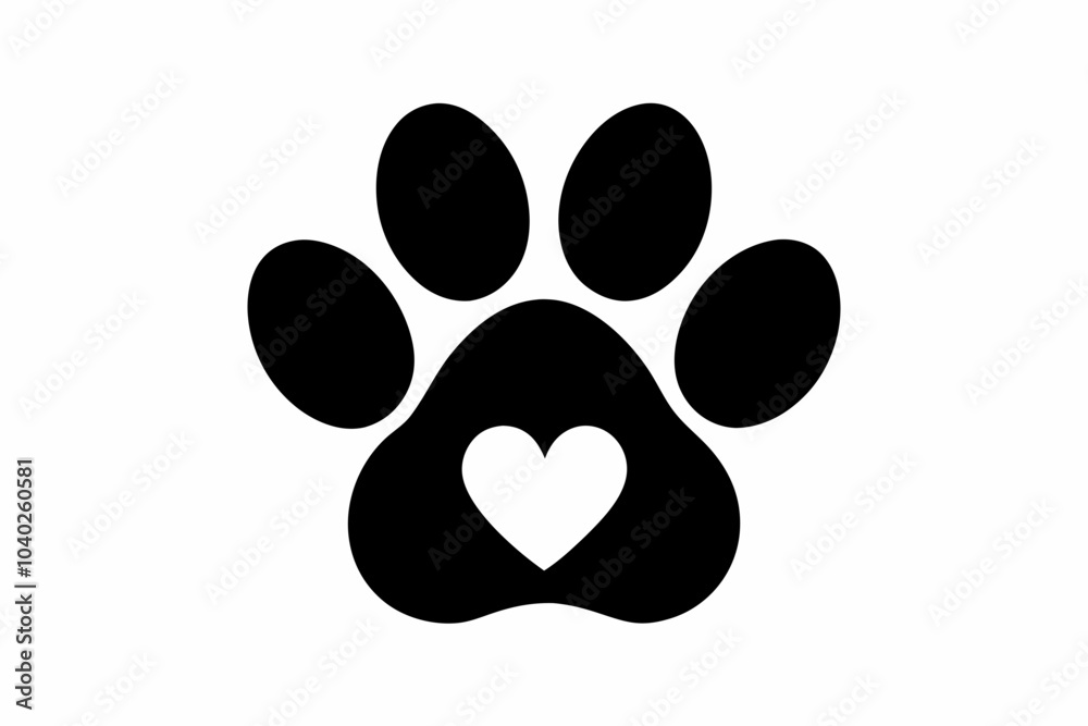 Heart and pet paw icon, Paw print with heart black silhouette vector Heart and pet paw icon, Paw print with heart black silhouette vector