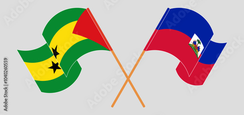 Crossed and waving flags of Sao Tome and Principe and Republic of Haiti. Vector illustration