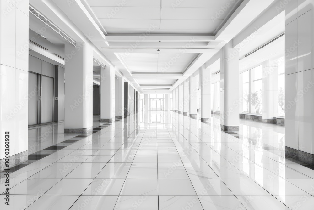 A long corridor with white ceramic tiles on the floor and windows along one side A long corridor with white ceramic tiles on the floor and windows along one side