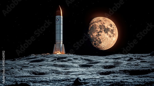 Rocket on the moon with a large moon in the background