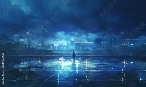 Solitary Figure in Rainy Night Cityscape