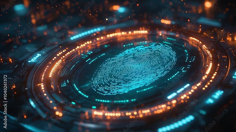 Fototapeta premium Software analyzing a fingerprint with digital data points and algorithmic lines, holographic interface with glowing biometric details, dark futuristic background, neon blue and green lighting,