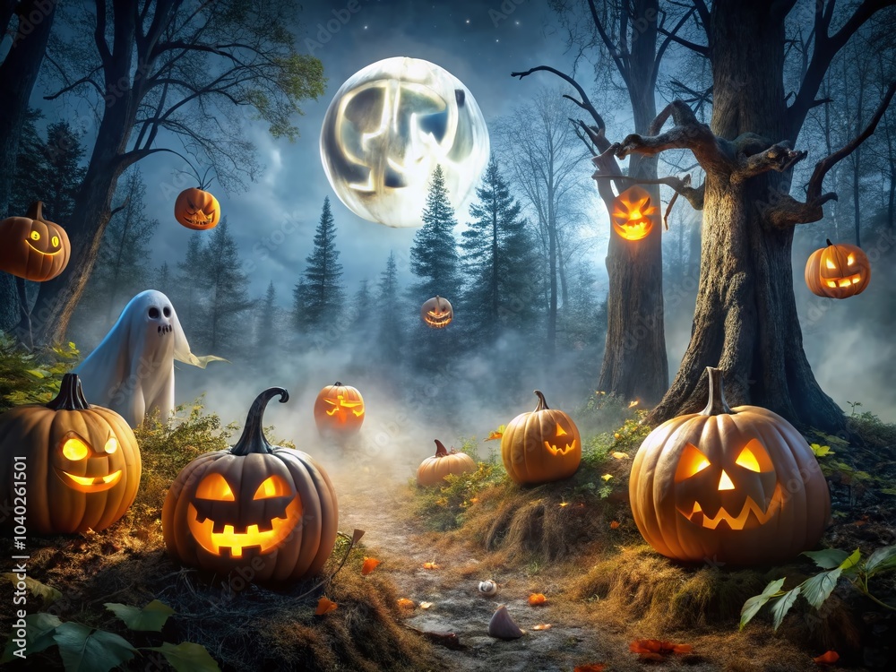 Spooky Halloween Scene with Ghosts and Jack-o'-Lanterns Under Full Moon in Dark Forest Spooky Halloween Scene with Ghosts and Jack-o'-Lanterns Under Full Moon in Dark Forest