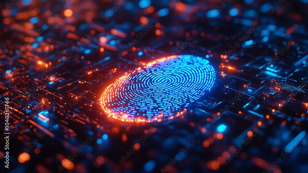 3D fingerprint floating in mid-air, being scanned by a high-tech holographic scanner, neon blue biometric patterns glowing brightly, futuristic digital environment with dark background, 3D fingerprint floating in mid-air, being scanned by a high-tech holographic scanner, neon blue biometric patterns glowing brightly, futuristic digital environment with dark background,