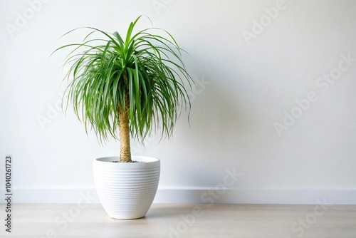 Aerial Ponytail Palm in a white ceramic pot against the white wall photo