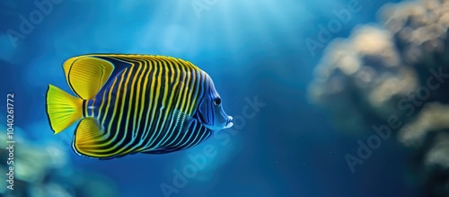 Emperor angelfish gracefully swim in a tank creating a mesmerizing sight against a blue background ideal for a copy space image photo