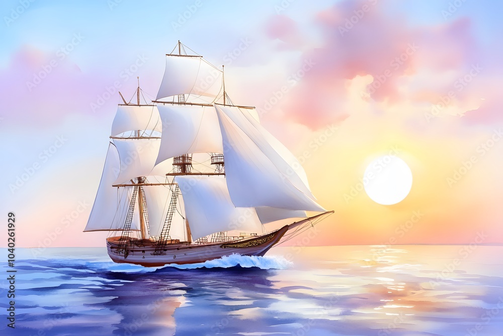 A watercolor painting of an ancient sailing ship on the sea with billowing white sails and a large sun in the background
