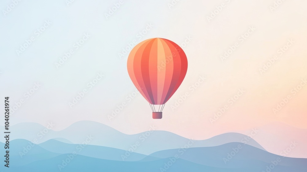 Obraz premium A vibrant hot air balloon rises softly above tranquil pastel-hued mountains during the early morning light. Generative AI