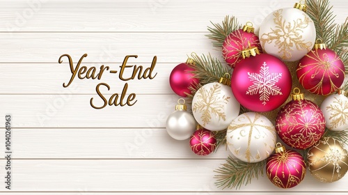 Celebrate the festive season with vibrant ornaments and a special year-end sale announcement in a cozy setting.
