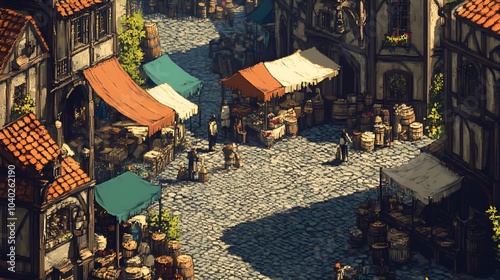 Pixel art DnD map of a medieval town square featuring market stalls and cobblestone paths