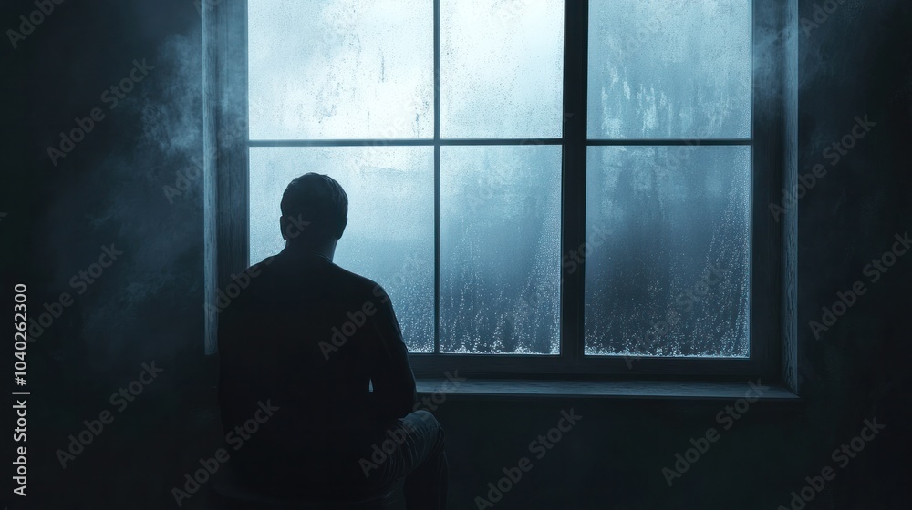 Fototapeta premium Sadness and depression concept, with a person looking out of a window, lost in thought