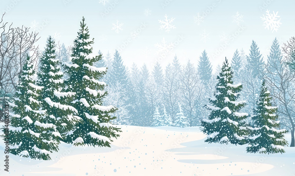 Fototapeta premium Vector illustration of a snowy forest scene with coniferous trees and gentle snowflakes, capturing winter's charm