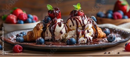 Vanilla and chocolate ice cream on a croissant drizzled with strawberry sauce and blueberries placed on a wooden table A delectable dessert for indulgence featuring copy space for additional text photo