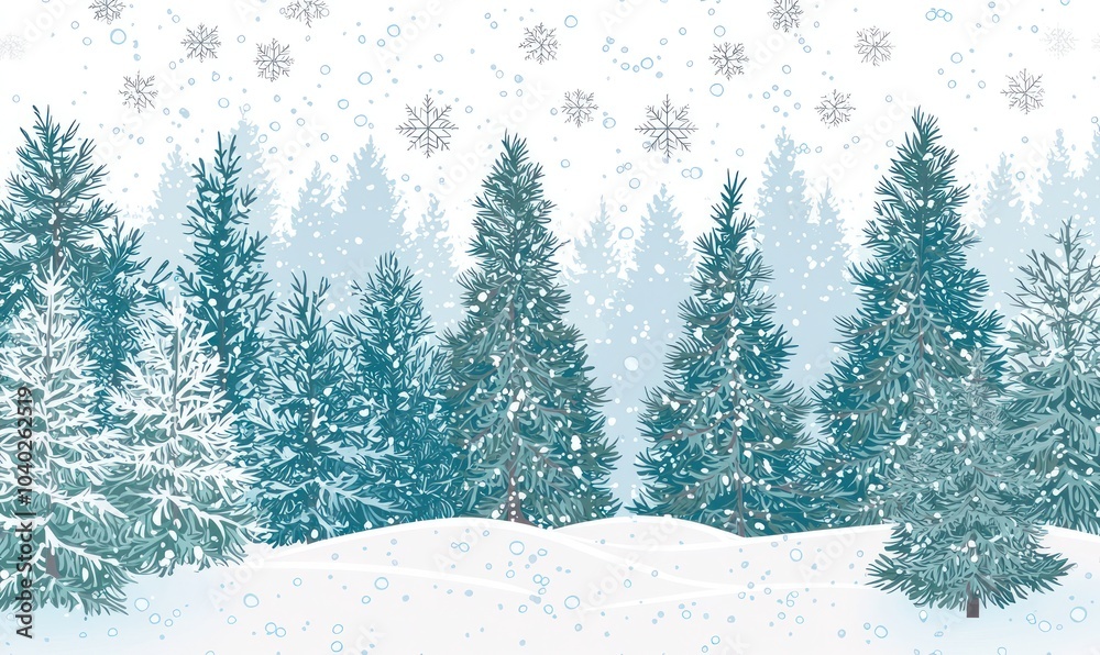 Obraz premium Vector illustration of a snowy forest scene with coniferous trees and gentle snowflakes, capturing winter's charm