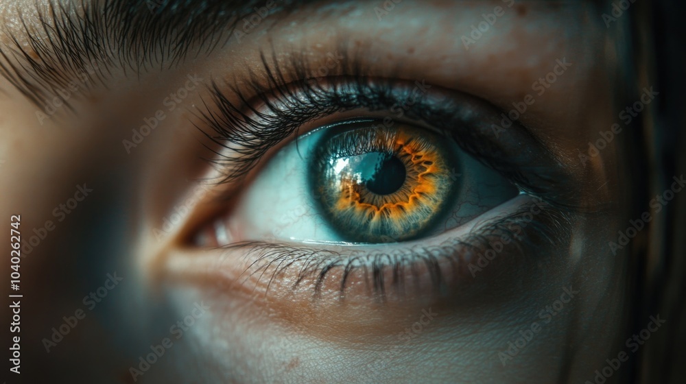 A close-up view of a single blue human eye, with eyelashes and surrounding skin visible A close-up view of a single blue human eye, with eyelashes and surrounding skin visible