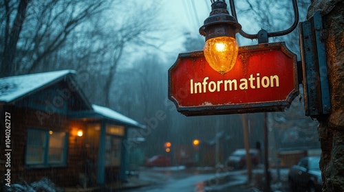 Fototapeta Naklejka Na Ścianę i Meble -  A tranquil evening in a small village is depicted with a warmly lit Information sign, nestled among rustic wooden buildings and wet streets glistening under gentle rainfall