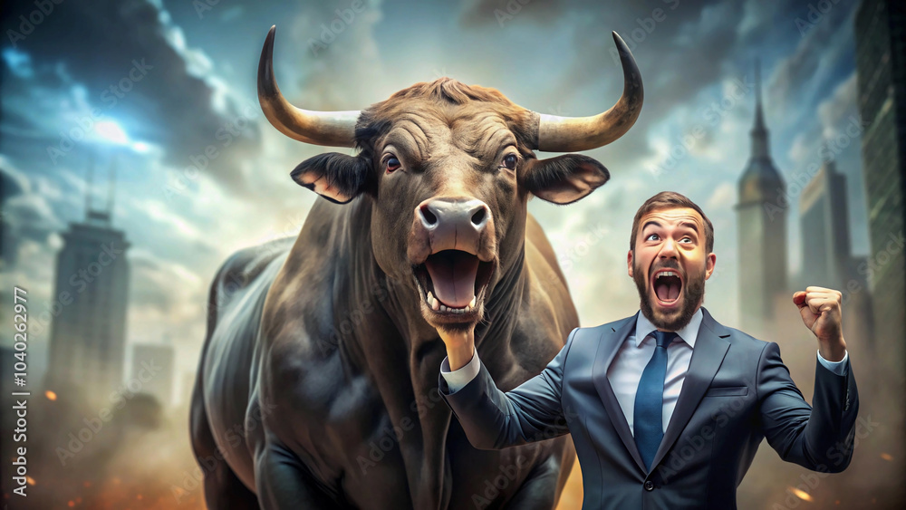 Naklejka premium Archive the success and marketing concept pixelated figure stands victorious beside a formidable bull under a dramatic sky.”