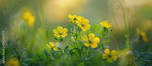 Close up view of blooming wild rocket Diplotaxis tenuifolia flowers with copy space image and selective focus a yellow flowering plant species photo