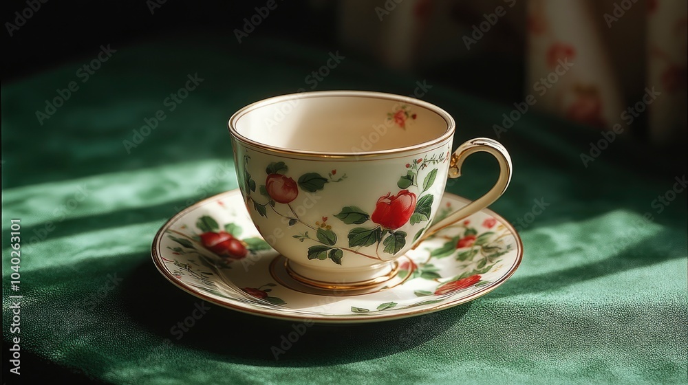 Fototapeta premium Delicate china cup and saucer with floral design on green background