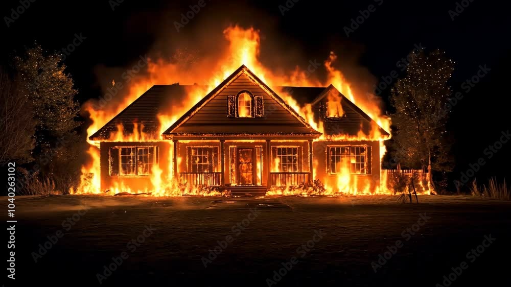 A house engulfed in flames burns during the night A house engulfed in flames burns during the night
