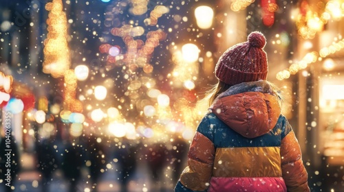 Fototapeta Naklejka Na Ścianę i Meble -  A child wearing a colorful jacket and knitted hat walks through a beautifully lit downtown area during snowfall. The streets are adorned with twinkling holiday lights, creating a magical atmosphere.