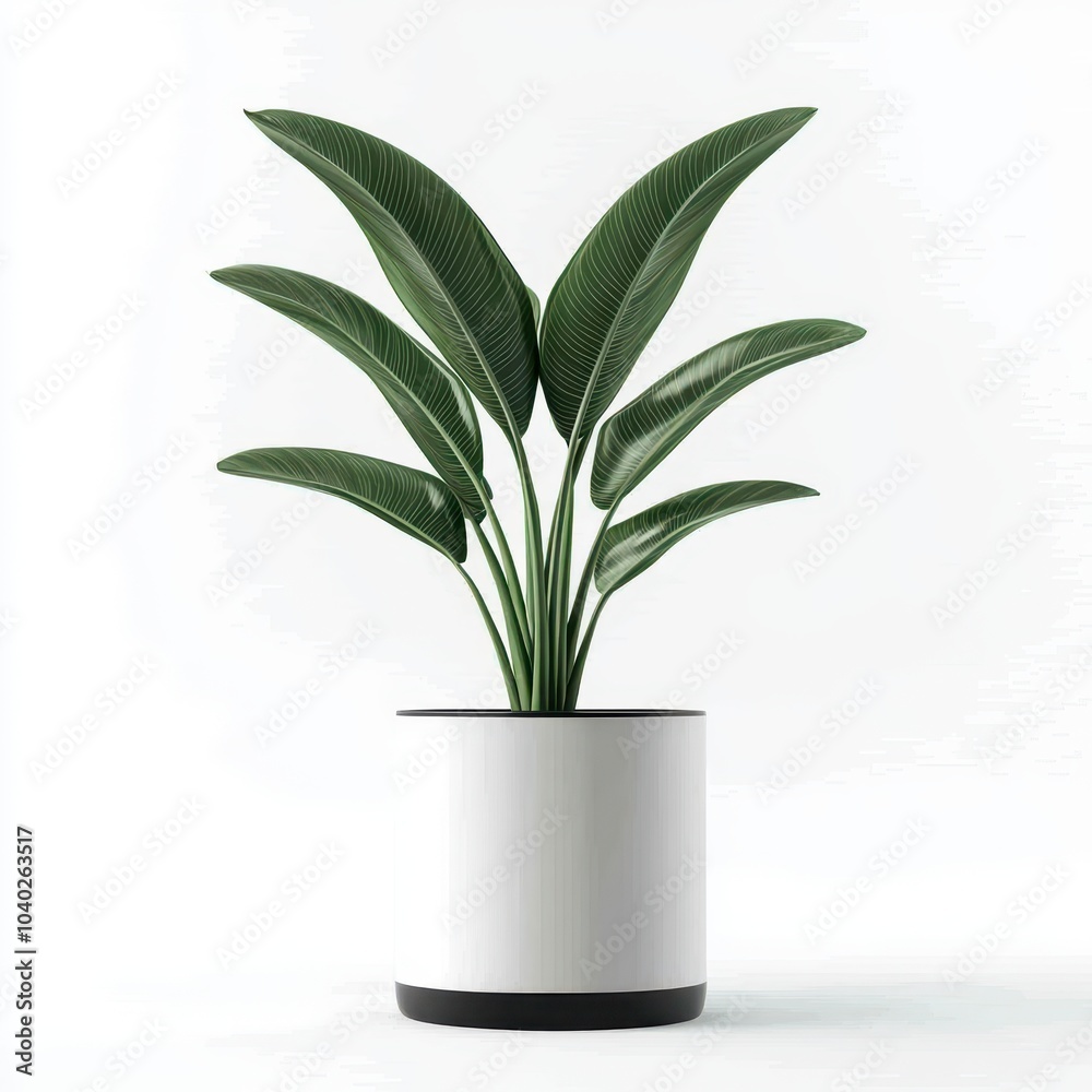 Green potted plant with large leaves, white pot, white isolated background. Green potted plant with large leaves, white pot, white isolated background.