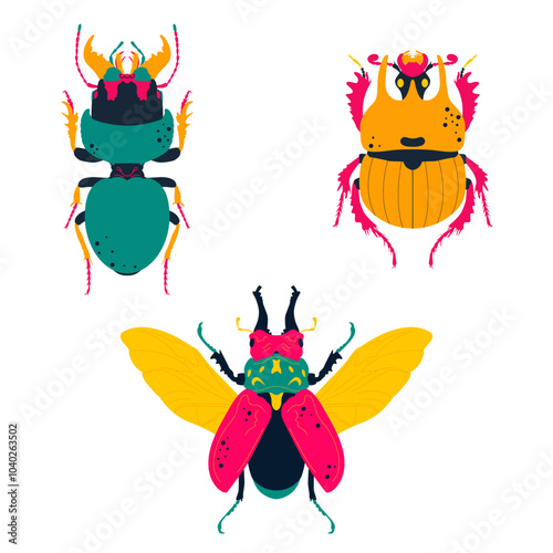 Cute, colorful insects. Allotopus rosenbergi, Chelotrupes matutinalis, Crepidopterus decorsei. Vector illustration, icon set.