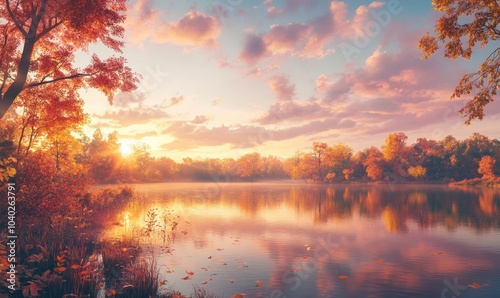 Tranquil Autumn Lake at Sunset with Vibrant Foliage