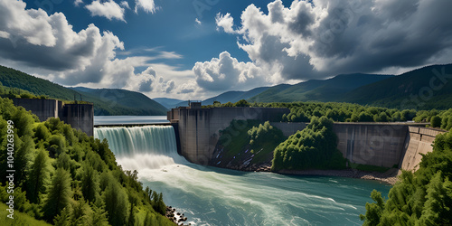 A hydroelectric power station, a large dam with running water located in a mountainous area