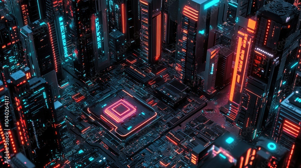 Neon-lit circuit boards a cityscape