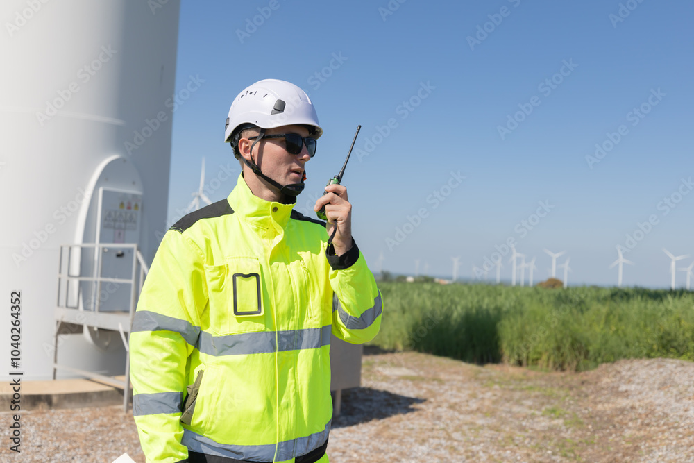 Engineer using a walkie talkie at the wind turbines site Engineer using a walkie talkie at the wind turbines site
