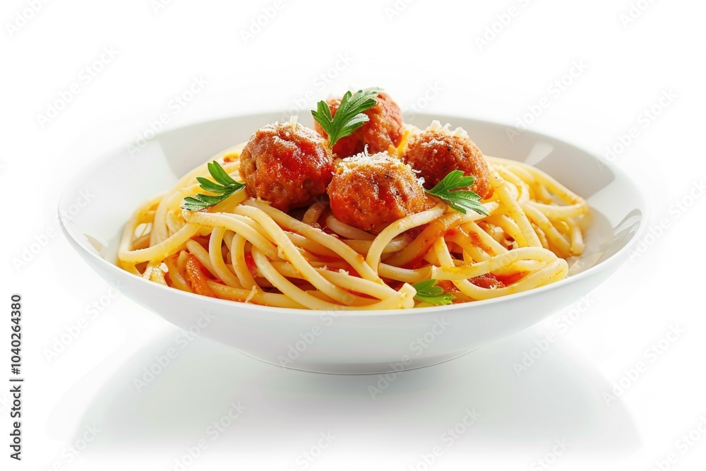 A white bowl filled with spaghetti and meatballs A white bowl filled with spaghetti and meatballs