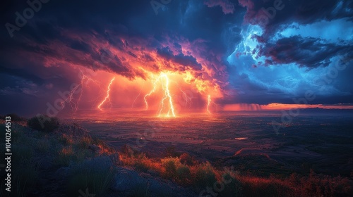 Spectacular lightning storm over the landscape at dusk