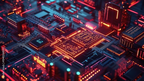 Neon-lit circuit boards a cityscape