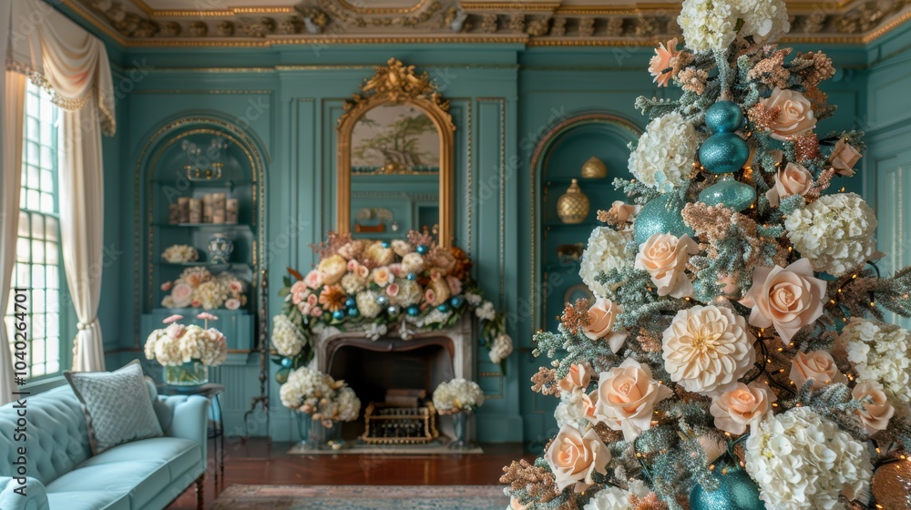 Obraz premium A beautifully decorated stately room with an elaborate blue Christmas tree, white and peach floral arrangements, ornate mirror, and elegant historical decor