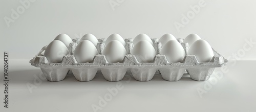 Eggs displayed in a polystyrene egg carton on a white background with ample copy space image photo