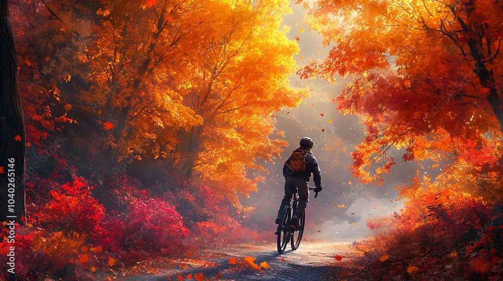 Fototapeta premium A biker wearing a helmet riding through a mountain road covered in autumn leaves, the trees on either side glowing in golden and scarlet hues, the path meandering through the landscape,