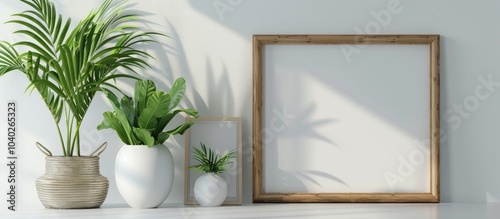 Mockup featuring a photo frame with house plants on a white backdrop with copy space image