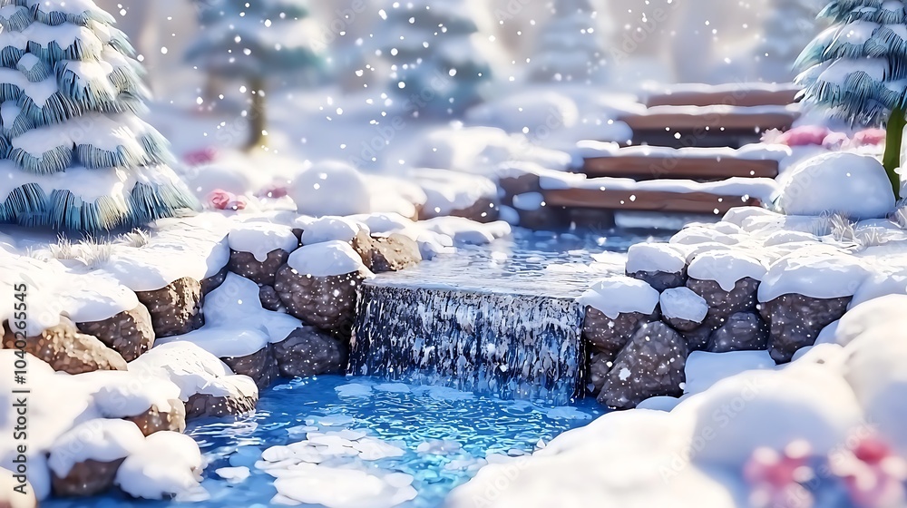 Fototapeta premium Winter Waterfall in a Snow-Filled Landscape