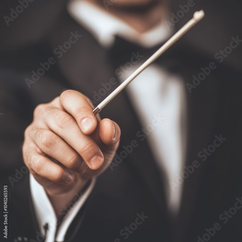 A person in formal attire holding a conductor's baton.