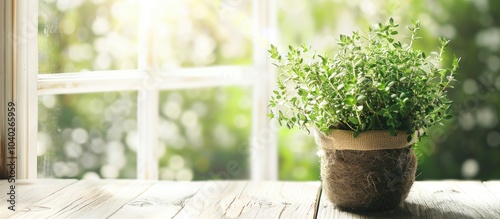 Thyme plants thriving in a peat pot by the window providing ample copy space for custom text in the image