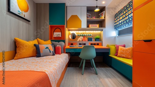 Explore a cheerful kids room featuring vibrant colors and playful design elements. This basement space offers a fun and functional area for creativity and relaxation.