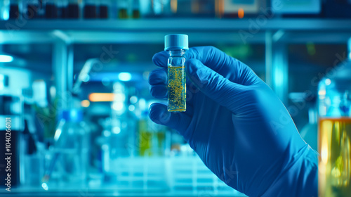 A technician carefully holds a vial containing bioengineered enzymes in a high-tech biotechnology lab. Background includes random lab instruments and equipment, enhancing the futuristic atmosphere.