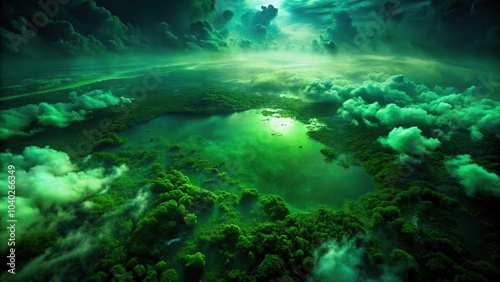 Aerial shot of deep scratch green-black background with mysterious atmosphere