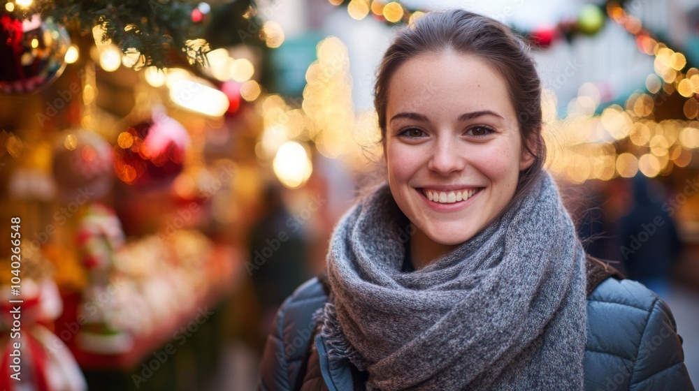 A young woman stands cheerfully amid a bustling holiday market filled with colorful lights and decorations. A young woman stands cheerfully amid a bustling holiday market filled with colorful lights and decorations.