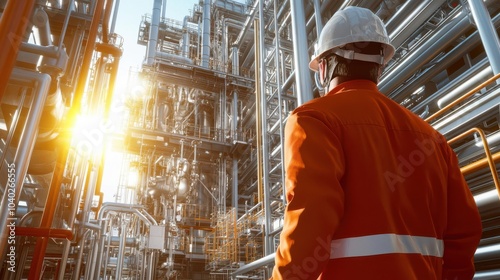A worker in an oil and gas facility, wearing safety gear like a hard hat and a high visibility safety coverall with reflective stripes